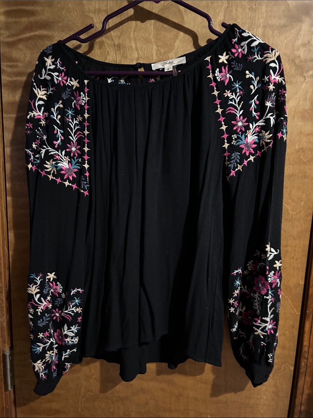 Embroidered Navy Blue Floral Top - Excellent Condition
